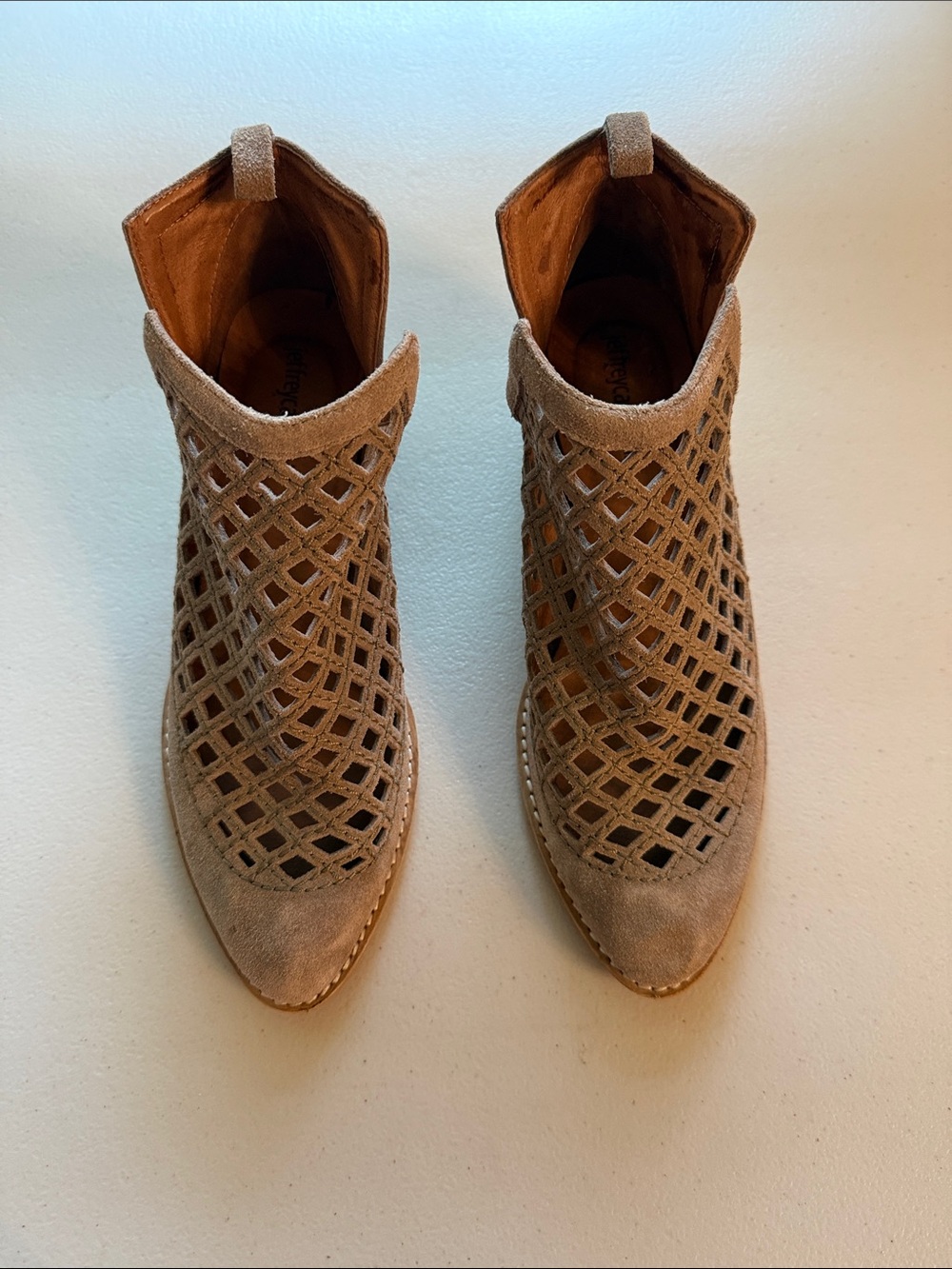 Jeffrey Campbell Taupe Suede Laser-Cut Ankle Booties size 7.5